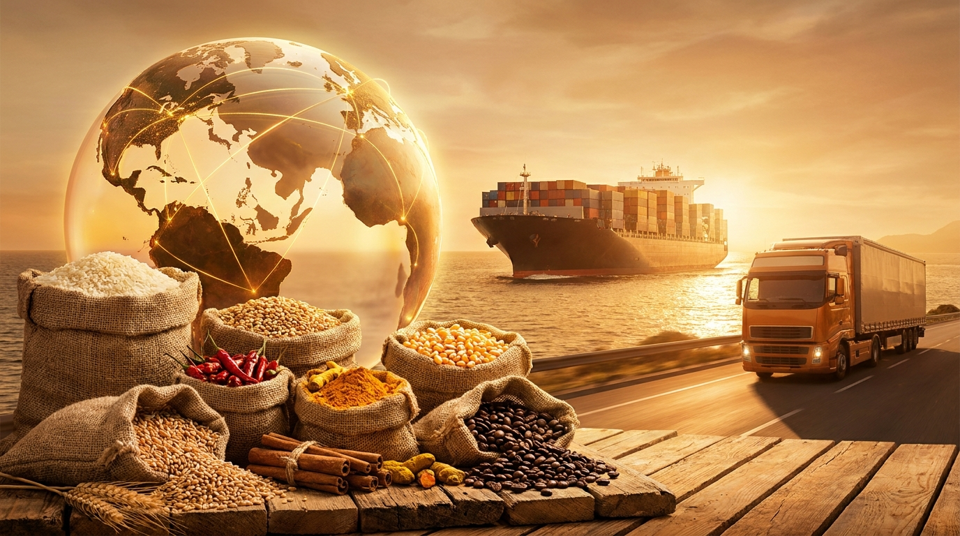 Global food commodity supply: world map, sacks of grains, spices, cargo ship and delivery truck at sunset